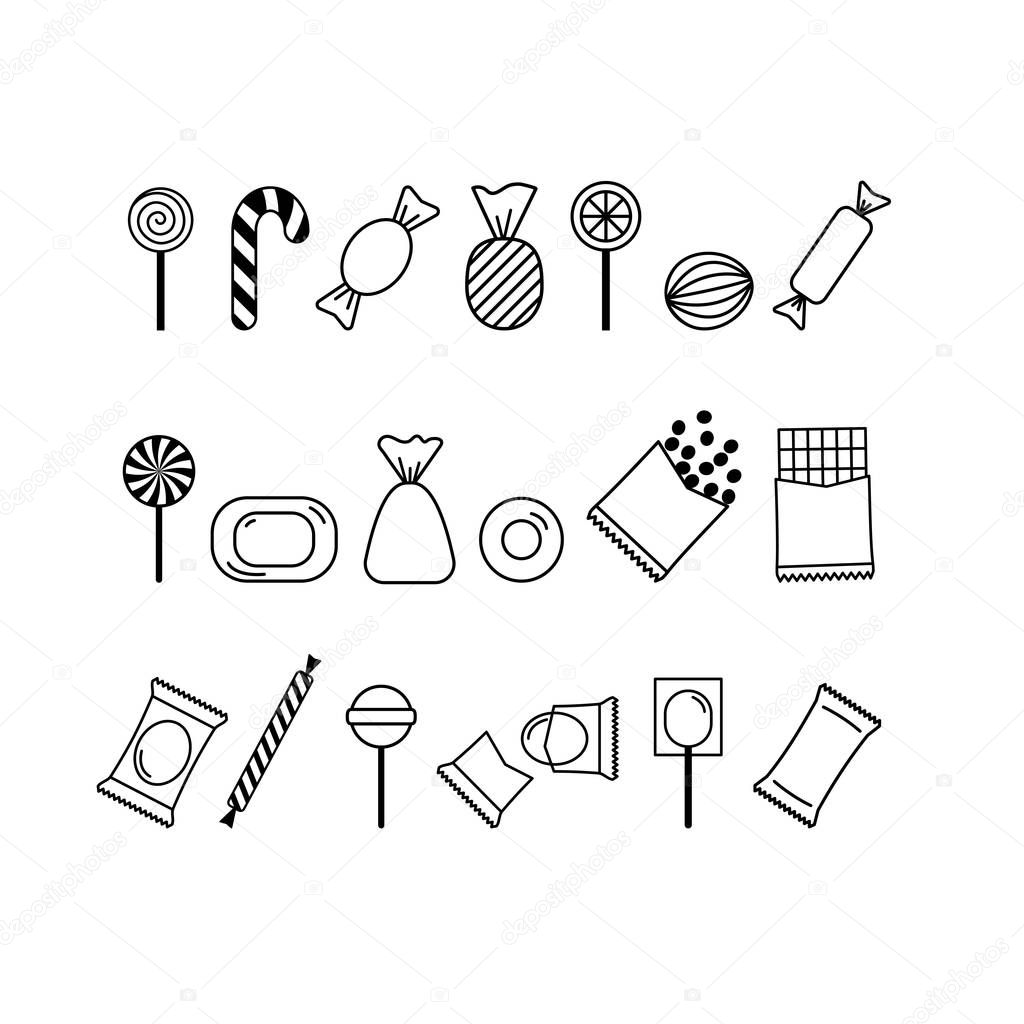 Vector set of black outline candy icons. Candy symbols. 