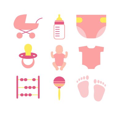 Bebek arabası, Bebek bezi, ücret gibi bebek pembe simgeler vektör kümesi