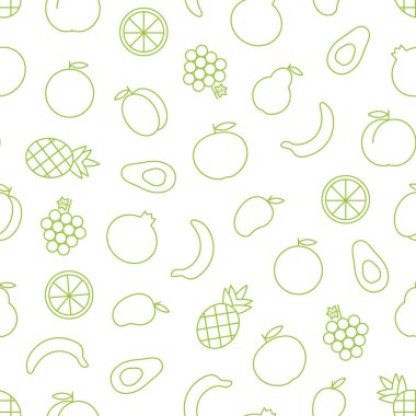 Anahat meyveler avokado, kayısı, portakal, ananas, şeftali, mango, üzüm, armut, elma, nar, muz gibi vektör seamless modeli 