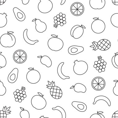 Anahat meyveler avokado, kayısı, portakal, ananas, şeftali, mango, üzüm, armut, elma, nar, muz gibi vektör seamless modeli 