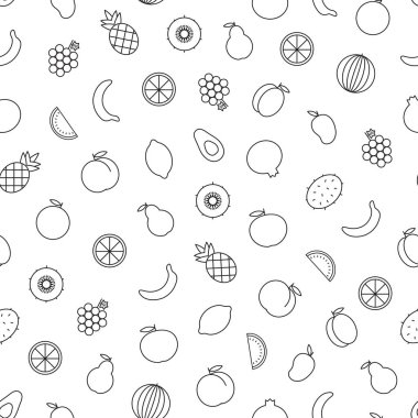 Anahat meyveler avokado, kayısı, portakal, ananas, şeftali, mango, üzüm, armut, elma, nar, muz, kivi, karpuz, limon gibi vektör seamless modeli  
