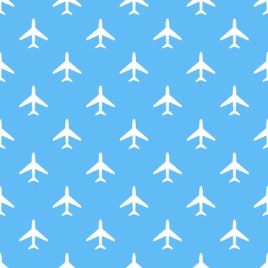 Mavi zemin üzerine beyaz uçak vektör seamless modeli. 