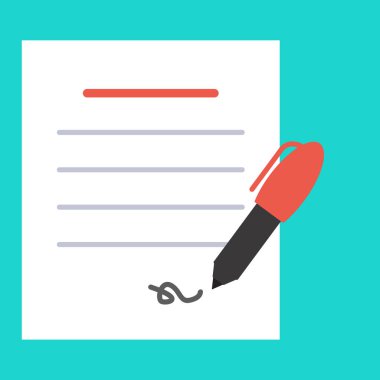 İş sözleşmesi işareti vektör. Belgeyi imzala. Penc ve sözleşme vektör çizim. 