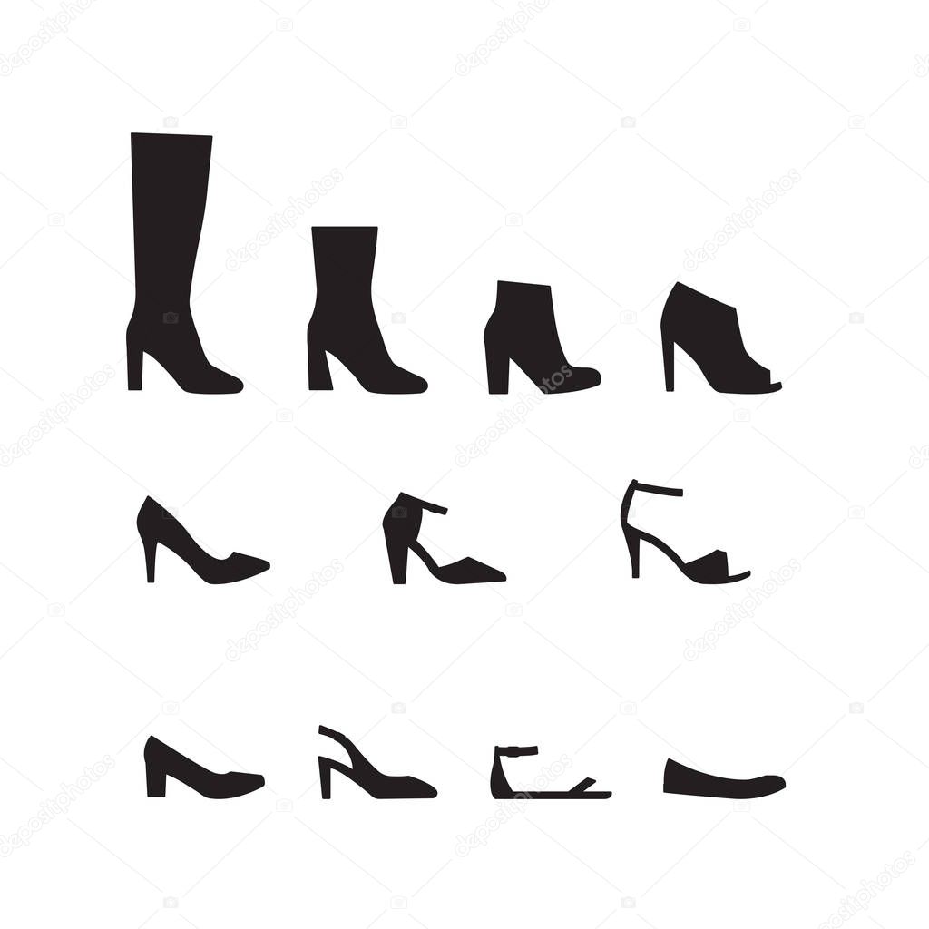 Vector set of different types of women shoes silhouettes. Women 
