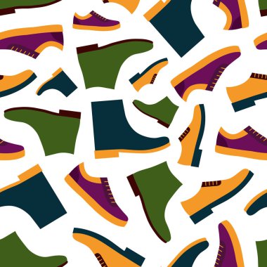 Vector seamless pattern with different types of colorful men shoes. clipart