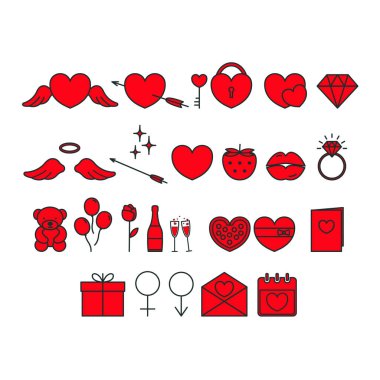 Kırmızı Sevgililer günü simgelerin vektör ayarla. 