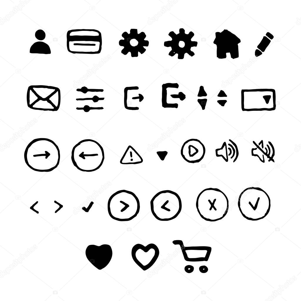Vector hand drawn icons for user interface design.