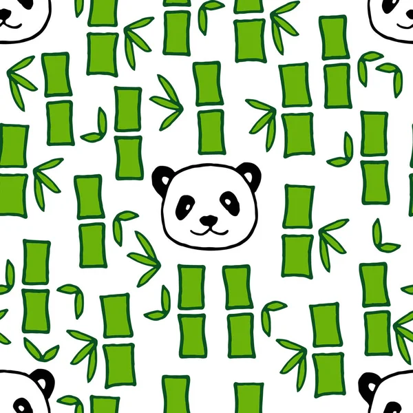 Padrão sem costura vetorial com brotos de bambu desenhados à mão e pandas — Vetor de Stock