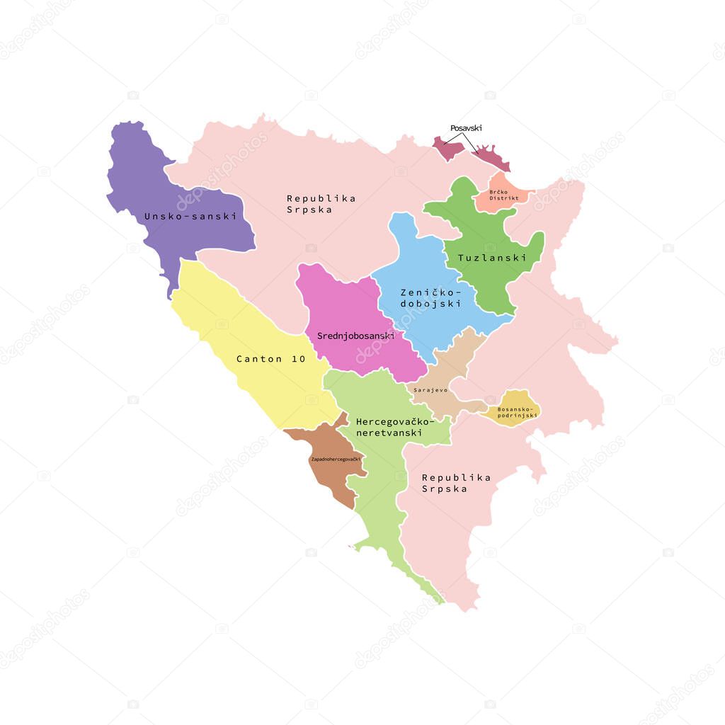 Vector illustration of administrative division map of Bosnia and Herzegovina. Vector map.