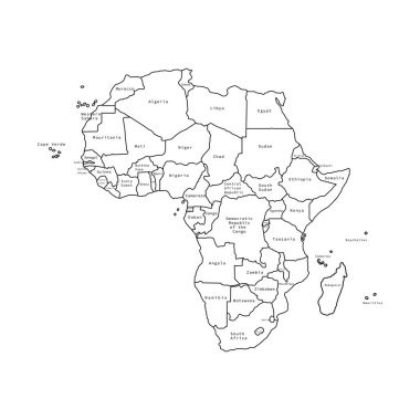 Afrika 'nın ülkelerin oluşturduğu siyah ana hat haritasının vektör çizimi. Vektör haritası.