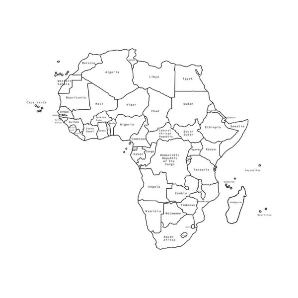 Векторная иллюстрация черной карты Африки со странами. Векторная карта
.
