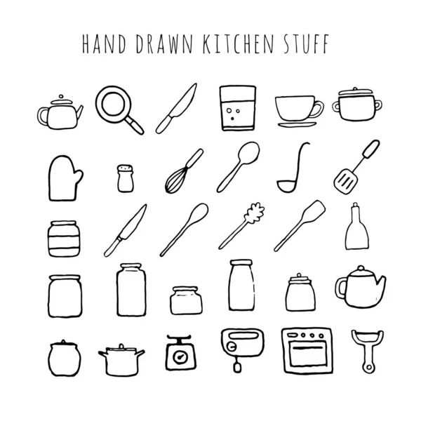 Material de cozinha desenhado à mão vetorial. Coleção de ferramentas de cozinha . —  Vetores de Stock