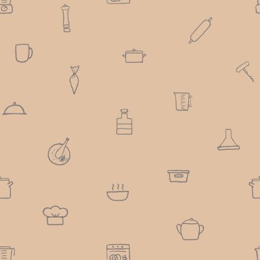 Elle çizilmiş mutfak malzemelerinin vektörsüz deseni. .