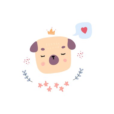 Beyaz arka planda sevimli pug kafanın vektör çizimi. Elementlerle çizilmiş el karalama stili köpek. Çocuksu tasarımlar için mükemmel..