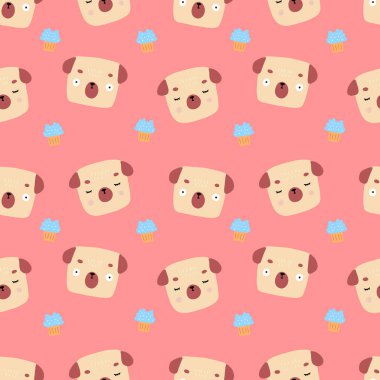 Pembe arka planda pastaları olan sevimli köpeklerin renkli vektör deseni. Örtü, giysi, duvar, pijama süslemek için mükemmel..
