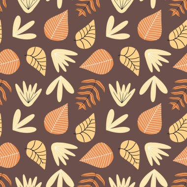 Kahverengi arka planda sonbahar renkli desen. Dekoratif tasarımlar için elle çizilmiş bitki elementleri.