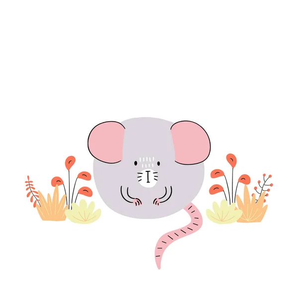 Vektor Ilustrasi Tikus Kecil Yang Lucu Dengan Semak Semak Latar - Stok Vektor