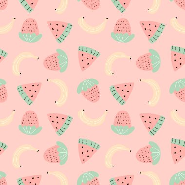 Pembe arka planda çilek, muz ve karpuz renkli vektör deseni. Tatlı meyvelerin karalama çizimi. Farklı parlak dekoratif tasarımlar için.