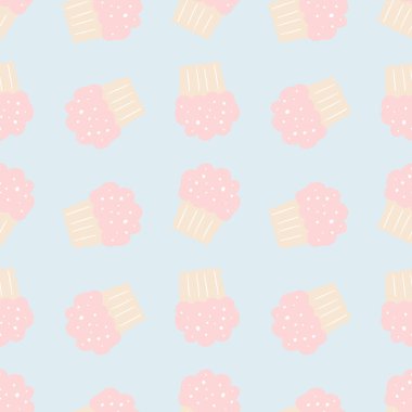 Mavi arka planda sevimli pembe keklerin vektör deseni. Karalama tarzında elle çizilmiş. Parlak tasarımlar için dekoratif desen.