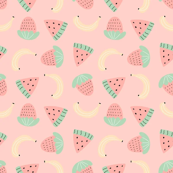 Colorful Vector Pattern Strawberry Banana Watermelon Pink Background Doodle Illustration Stock Vector