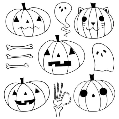 Beyaz arka planda Cadılar Bayramı çizgi balkabağı seti. Cadılar Bayramı elementleriyle çizilmiş. Posta kartı dekorasyonları.