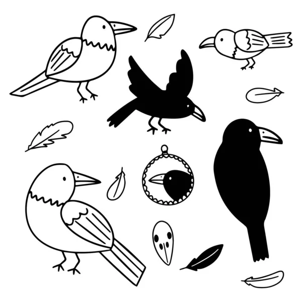 Vector Illustrations Simple Ravens White Background Drawn Hand Halloween Doodle Royalty Free Stock Vectors