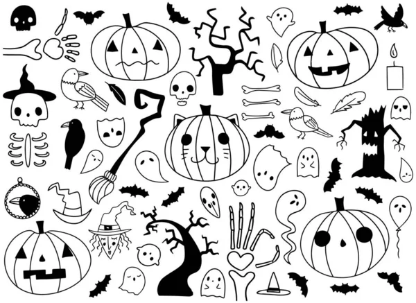 Big Halloween Set Different Spooky Cartoon Elements White Background Drawn Vector Graphics