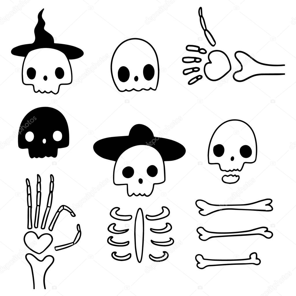 Vector illustrations of simple skeletons on white background. Drawn by hand halloween doodle set of skeletons and bones for different decorative spooky designs. Skeleton gesture. Thumbs up.