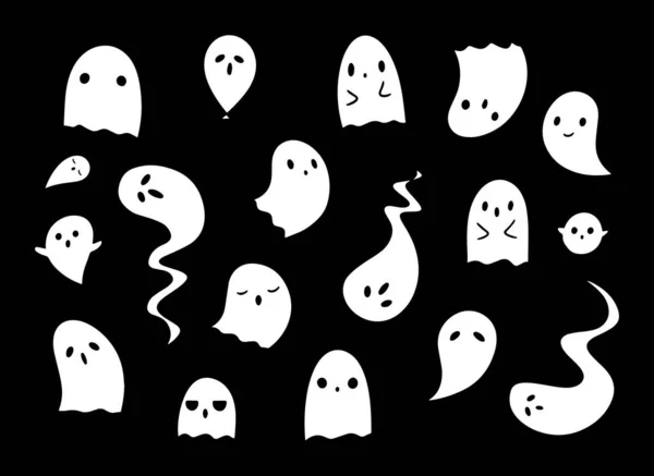 Black White Set Cute Ghosts Black Background Drawn Hand Doodle Stock Vector