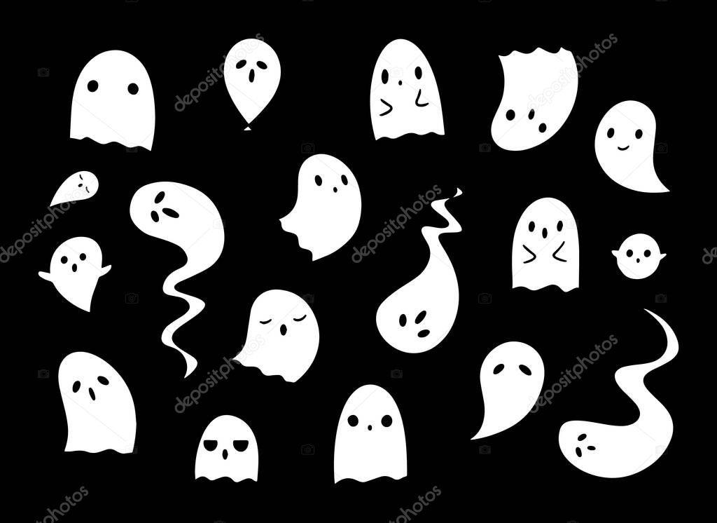 Black and white set of cute ghosts on black background. Drawn by hand doodle vector illustrations of ghosts for different halloween decorative designs.