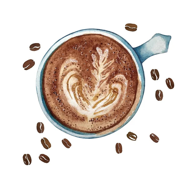 Akvarell kopp kaffe latte, ovanifrån. — Stockfoto