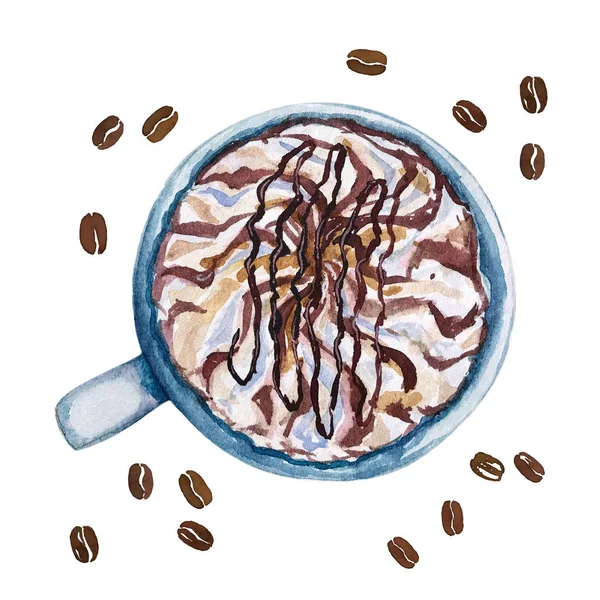 Akvarell csésze kávé mocha, felülnézet. — Stock Fotó