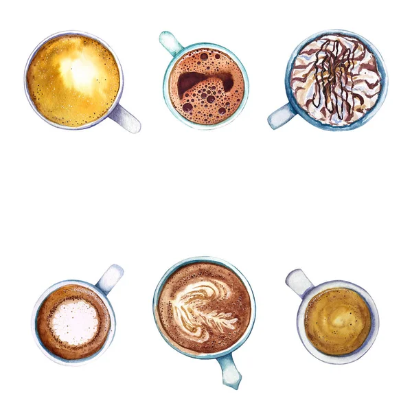 Akvarell koppar kaffe, isolerad på vit bakgrund, ovanifrån. — Stockfoto