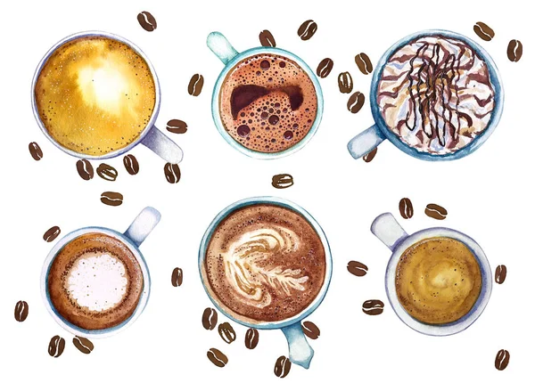 Aquarelltassen Kaffee, isoliert auf weißem Hintergrund mit Kaffeebohnen, Draufsicht. — Stockfoto