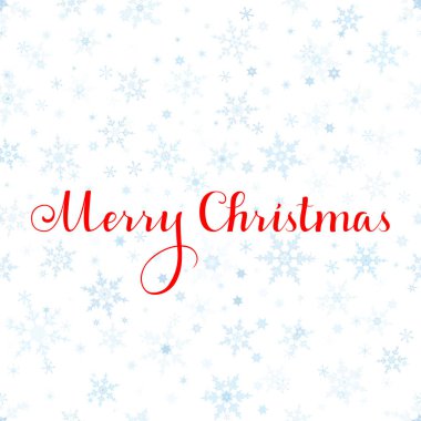Neşeli Noel kırmızı vektör yazı, mavi kar taneleri beyaz arka plan üzerinde..