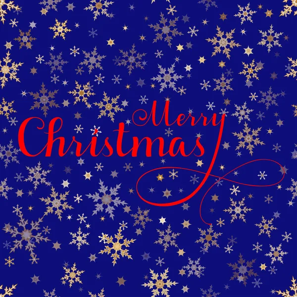 Merry Christmas red vector lettering on blue background with gold snowflakes. — Stock Vector