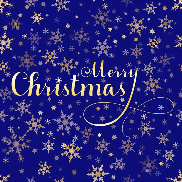 Merry Christmas vector lettering on blue background with gold snowflakes. — Stock Vector