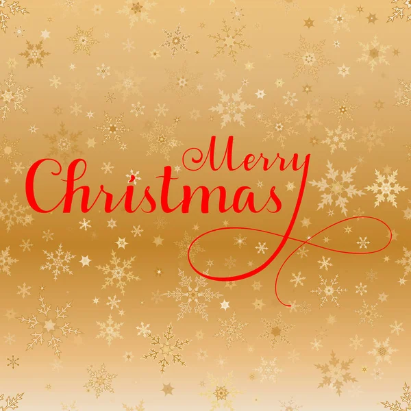 Frohe Weihnachten Vektor roter Schriftzug auf goldenem Hintergrund mit Schneeflocken. — Stockvektor