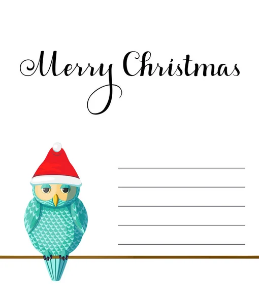 Christmas Greeting Card Cute Turquoise Owl Wear Red Hat White — Stock Photo, Image
