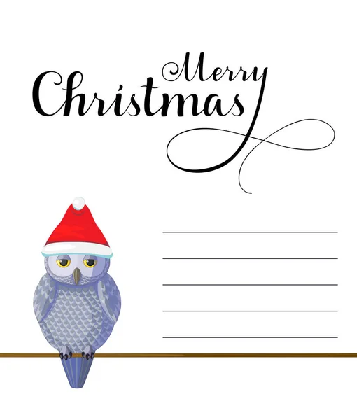 Christmas Greeting Card Cute Silver Grey Owl Wear Red Hat — Stock Photo, Image