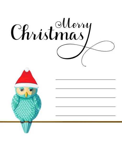 Christmas Greeting Card Cute Turquoise Owl Wear Red Hat White — Stock Photo, Image