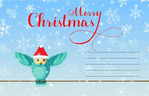 Christmas Greeting Card Cute Turquoise Owl Wear Red Hat Blue — Stock Photo, Image