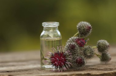 Dulavratotu yağ bir küçük şişe ve dulavratotu çiçek