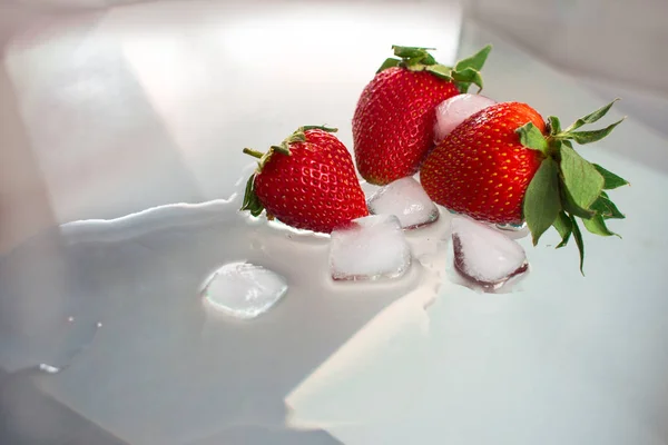 Strawberry on a gray-white smooth background with melted ice