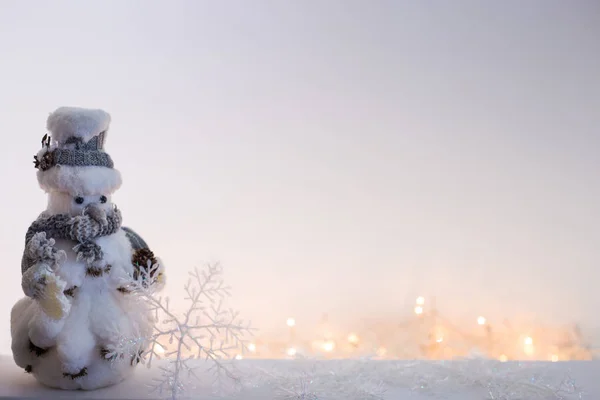 Toy Snowman Background Blurry Christmas Lights Copy Space — Stock Photo, Image