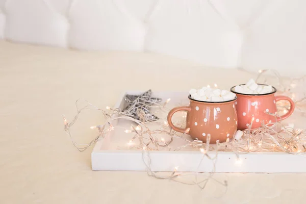 Winter Holiday Composition Two Cute Cups Coffee Marshmallows Wooden White — Stock Photo, Image