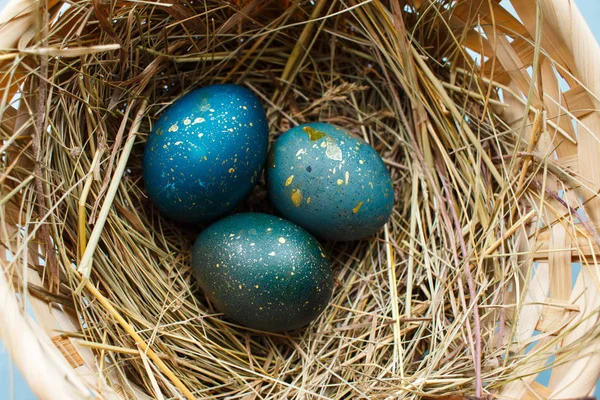 Three blue and golden dots of painted Easter eggs in a basket with hay on a blue background. Top view.