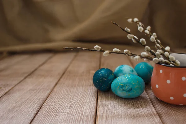 Easter Composition Blossoming Willow Twigs Pink Cup Blue Eggs Vintage — Stock Photo, Image