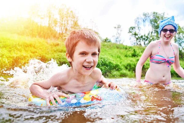 Children Bathes River Summer Day — Stock Photo, Image