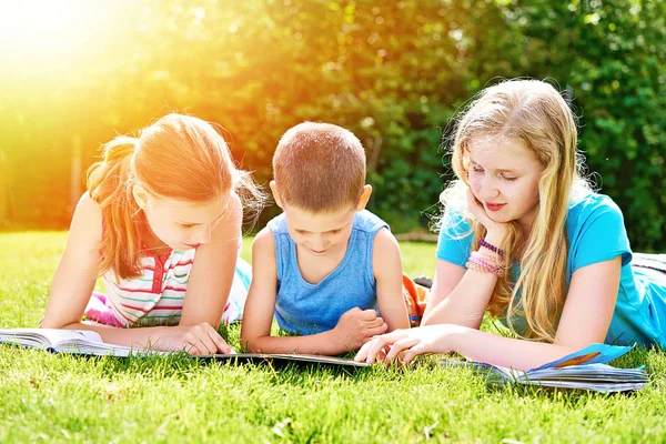 Amigos Leyendo Libros Aire Libre Sobre Hierba Día Verano — Foto de Stock